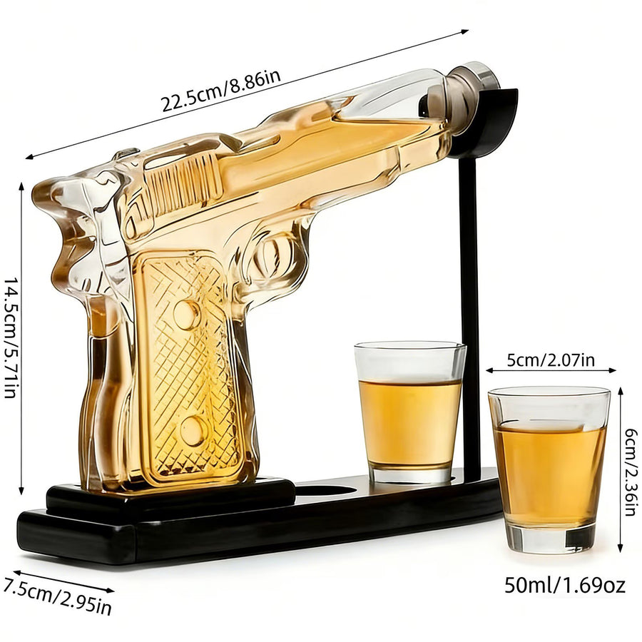 Set Decantor Bauturi  Forma Pistol si Gloante 220ml/50ml Sticla Lemn - detaliu produs