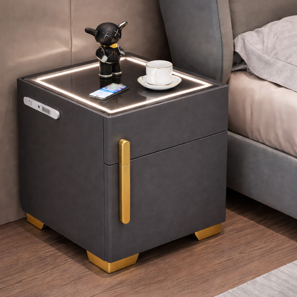 Noptiera cu statie de incarcare, seif ascuns si iluminare LED reglabila 3 culori pentru dormitor si living
