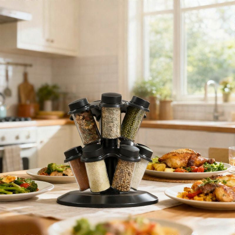 Suport rotativ pentru condimente cu 12 borcane, design tip ciuperca