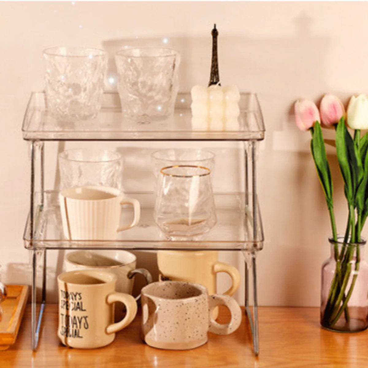 Organizator pliabil pentru bucatarie, sistem de stivuire, picioare inox, 29 x 21 x 16 cm, transparent