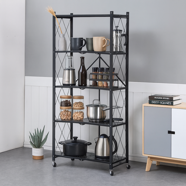 Raft depozitare metalic, pliabil, pe roti, 5 polite, Negru, 50 kg, 72x34x163 cm