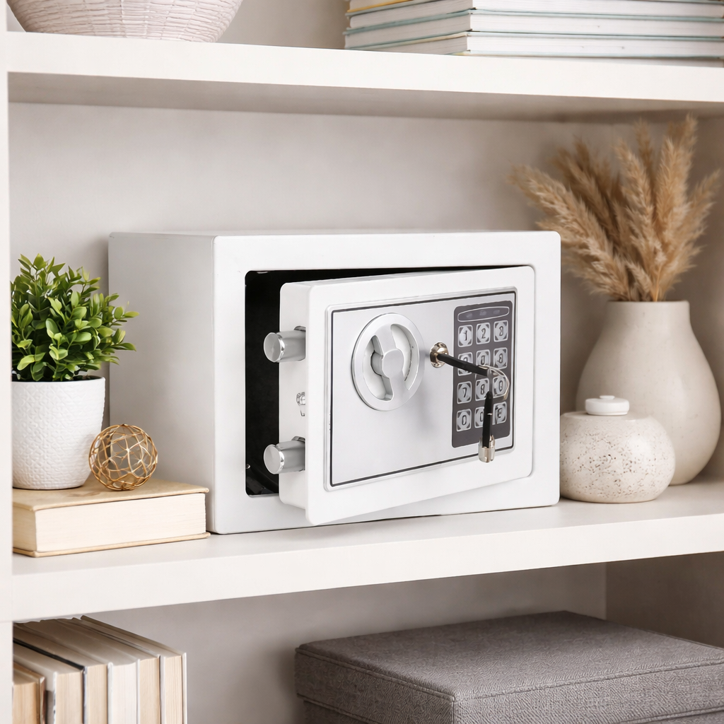 Seif metalic din otel cu inchidere electronica si cheie, 23 x 17 x 17 cm