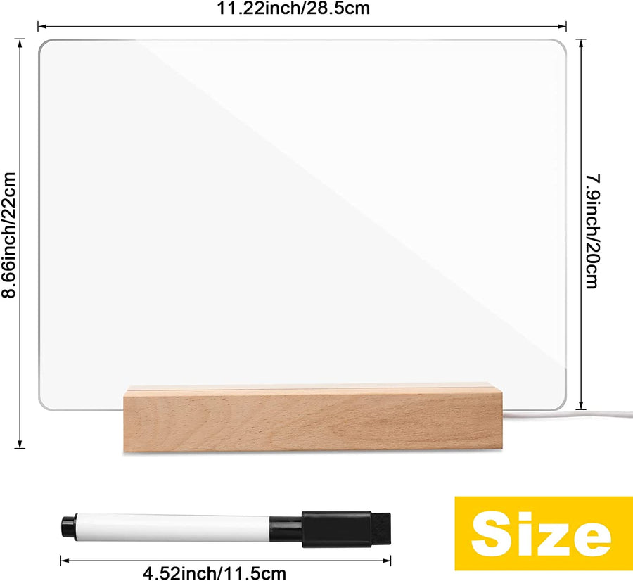 Panou luminos acrilic tip tabla de notite transparenta cu baza din lemn, 30x20cm