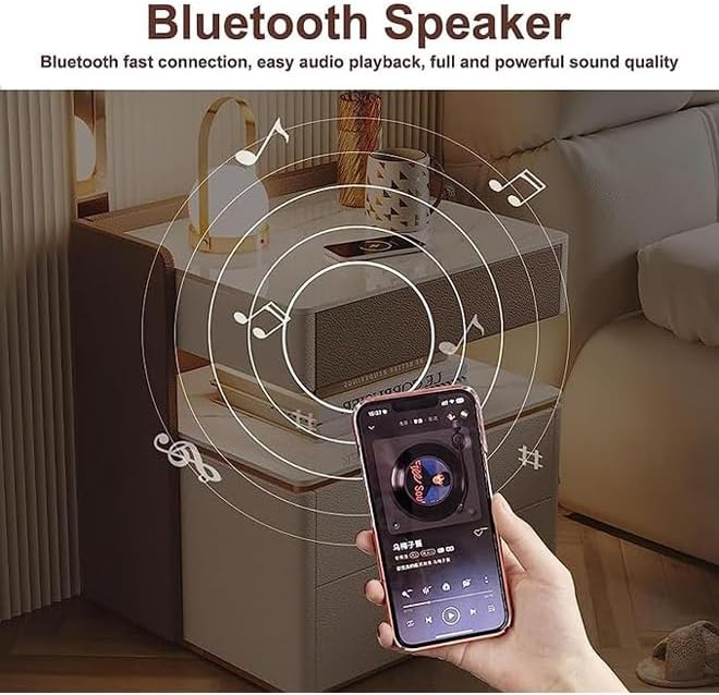 RESIGILAT - Noptiera inteligenta cu incarcare wireless, lumini LED reglabile, 3 sertare de depozitare, 50x40x56cm