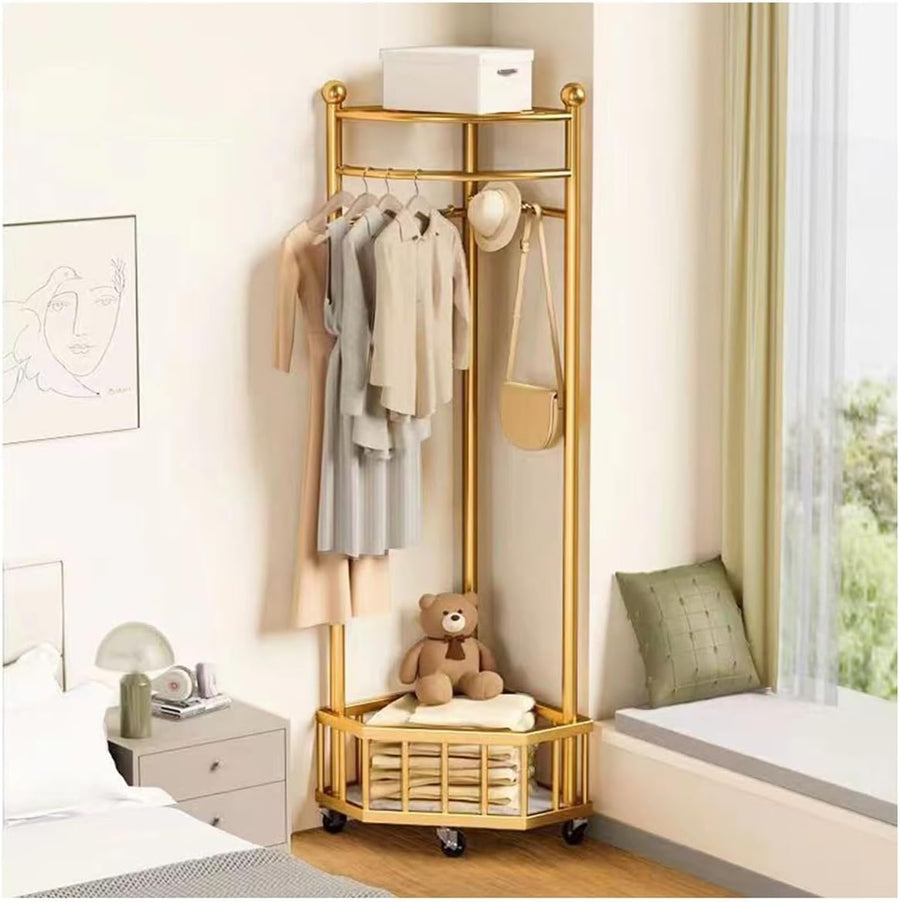 Cuier de colt multifunctional cu roti,metalic, auriu, 40 x 40 x 160 cm