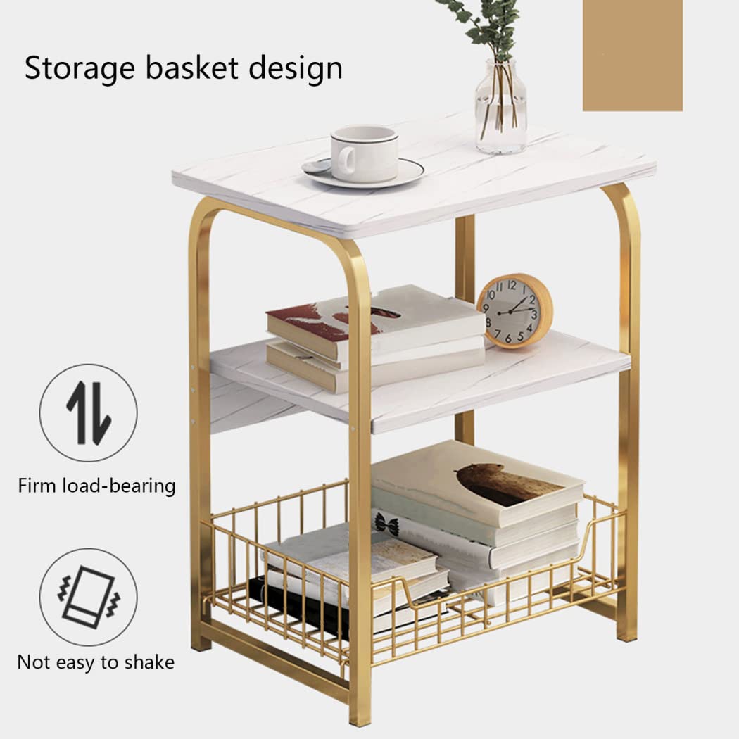 Masa Laterala Moderna 40×30×62 cm cu Cadru Auriu si Rafturi din Marmura Alba