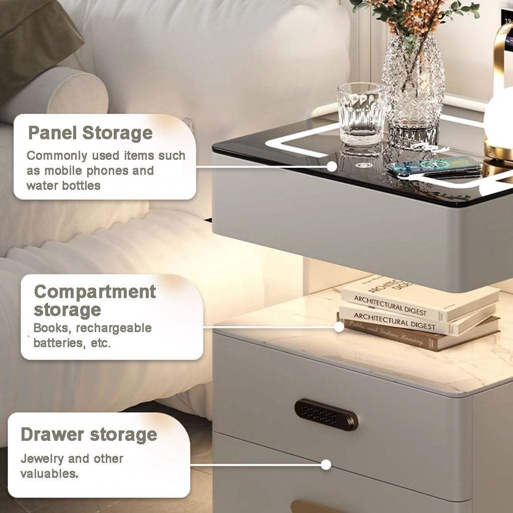 Noptiera inteligenta cu incarcare wireless, lumini LED reglabile, 3 sertare de depozitare, 50x40x56cm