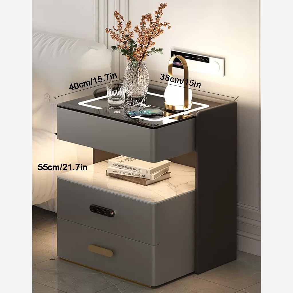 Noptiera inteligenta cu incarcare wireless, lumini LED reglabile, 3 sertare de depozitare, 50x40x56cm