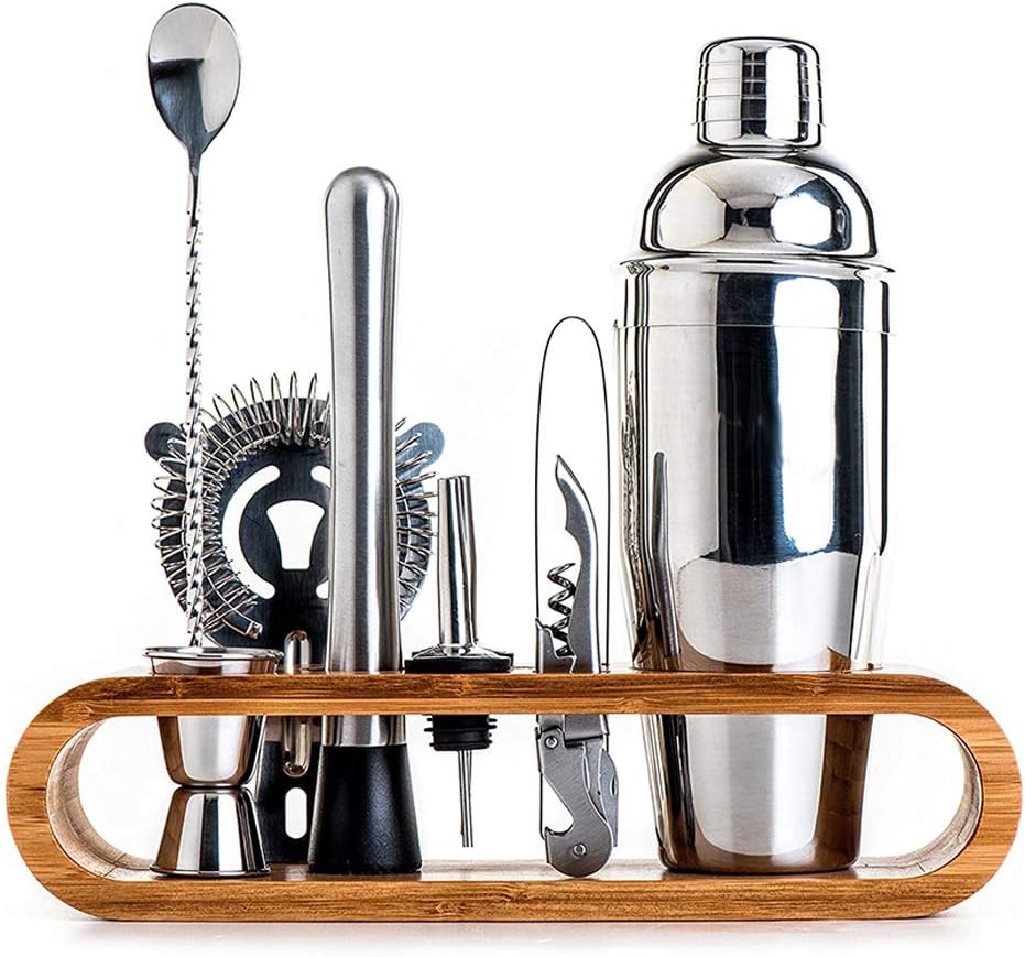 Set de Barman pentru Bauturi, suport din Bambus, Shaker Cobbler 550 ml, 10 Piese, Otel Inoxidabil, Argintiu