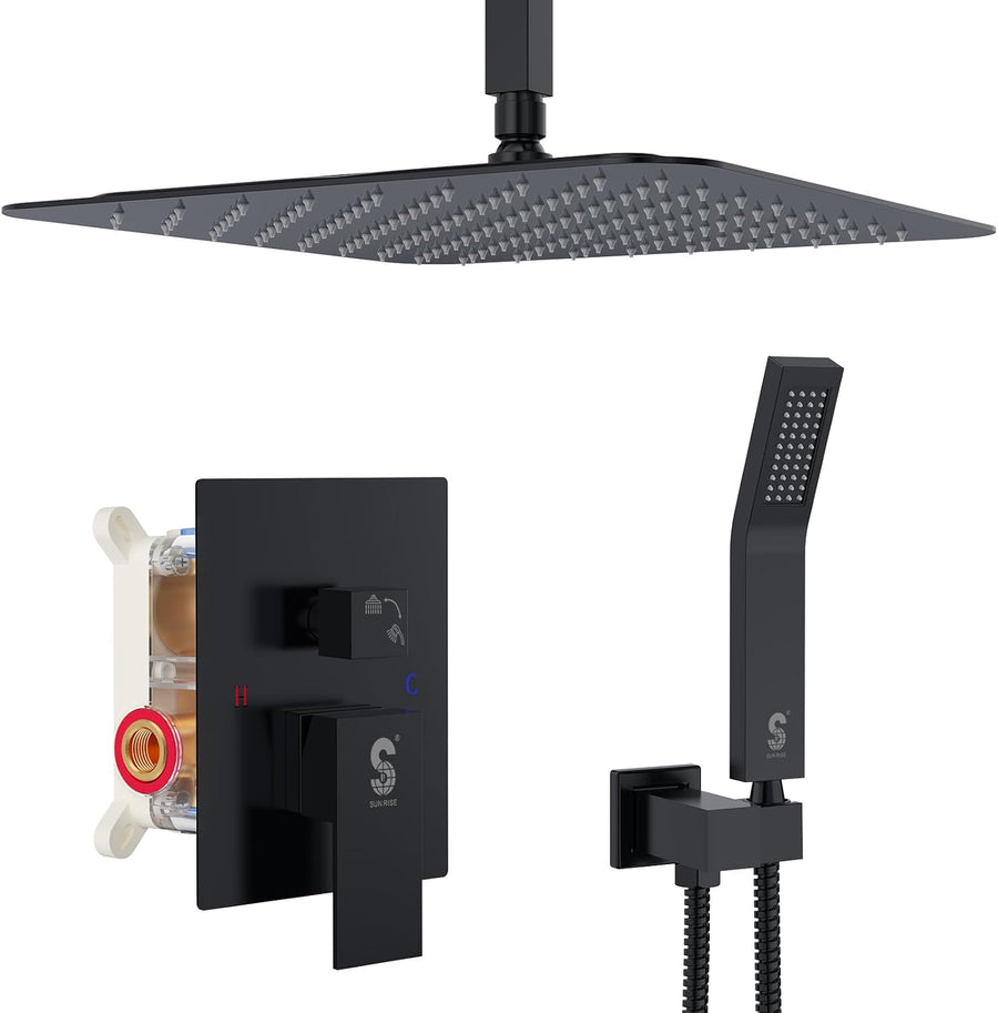 Set de dus incastrat cu para patrata de 25 cm, negru mat sau gri, cu 2 functii de curgere a apei