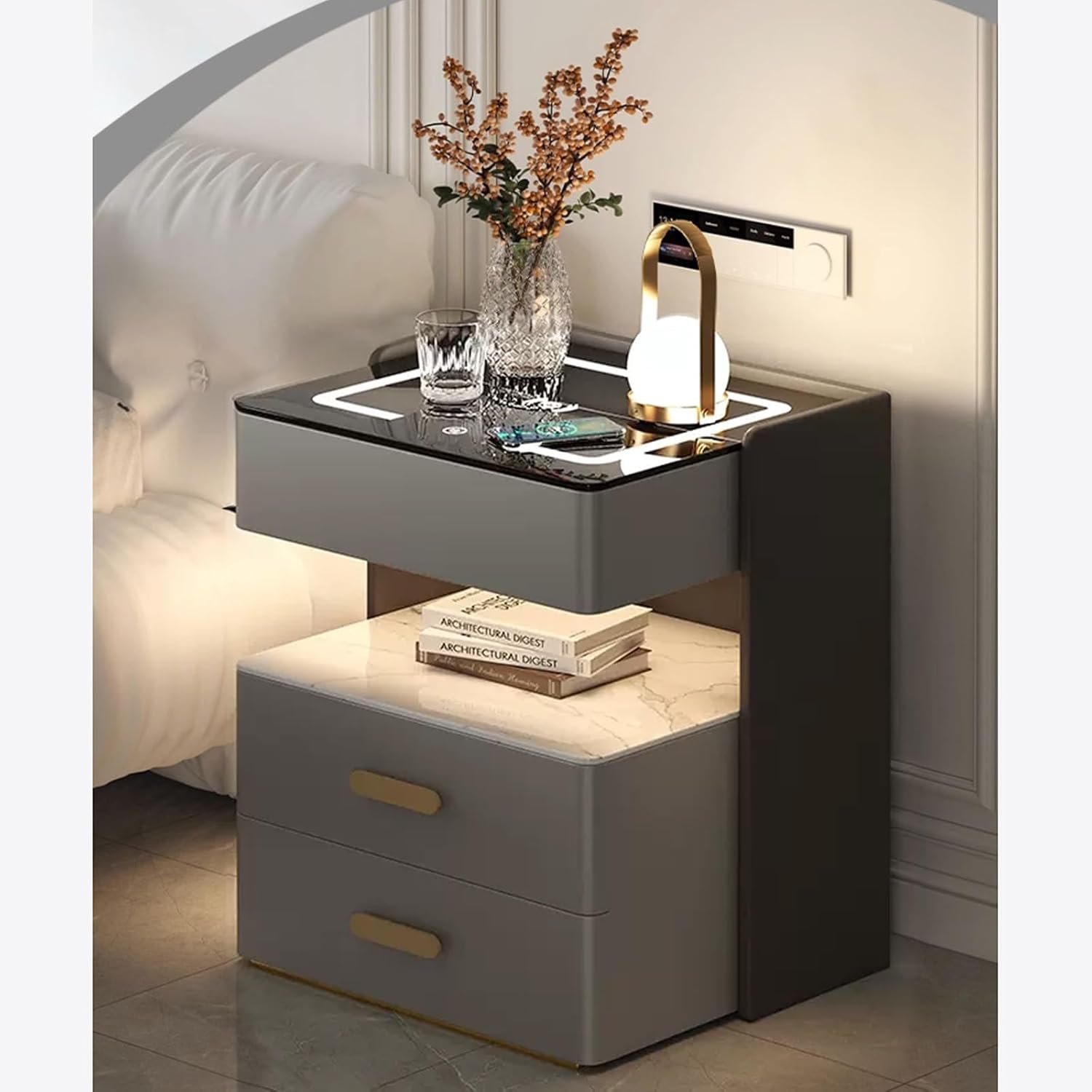 Noptiera inteligenta cu incarcare wireless, lumini LED reglabile, 3 sertare de depozitare, 50x40x56cm