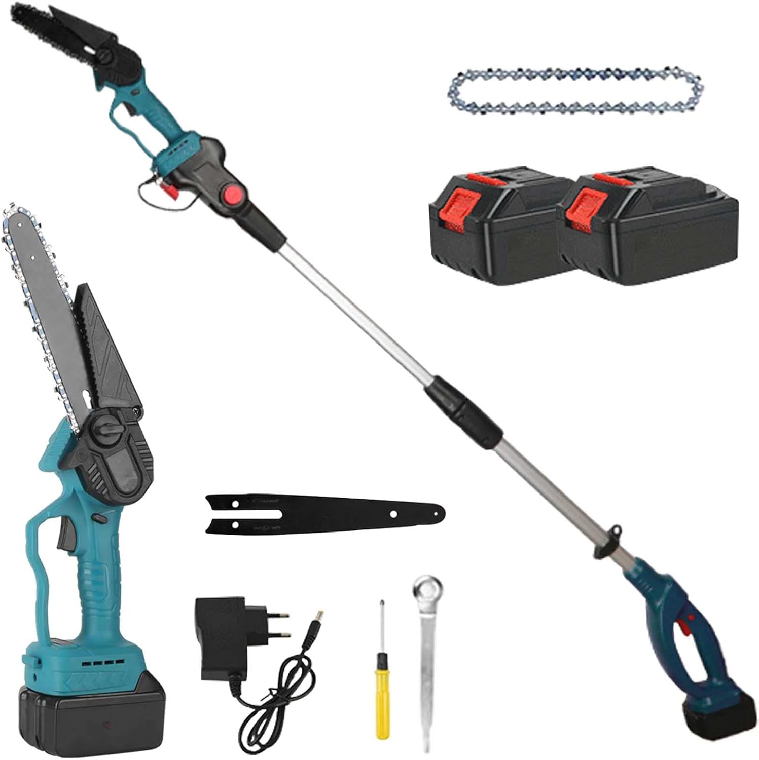 RESIGILAT - Set foarfeca gradina si mini drujba, 2 acumulatori 48V, cu brat 2.13m telescopic, unghi de taiere reglabil