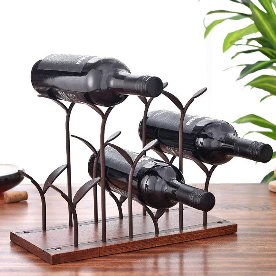 Suport pentru 6 sticle de vin, design modern, lemn natural si otel, 32.5 x 16 x 30 cm
