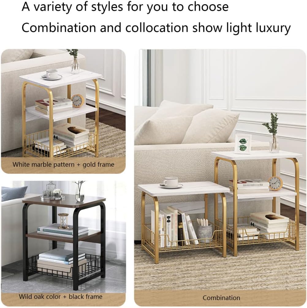 Masa Laterala Moderna 40×30×62 cm cu Cadru Auriu si Rafturi din Marmura Alba