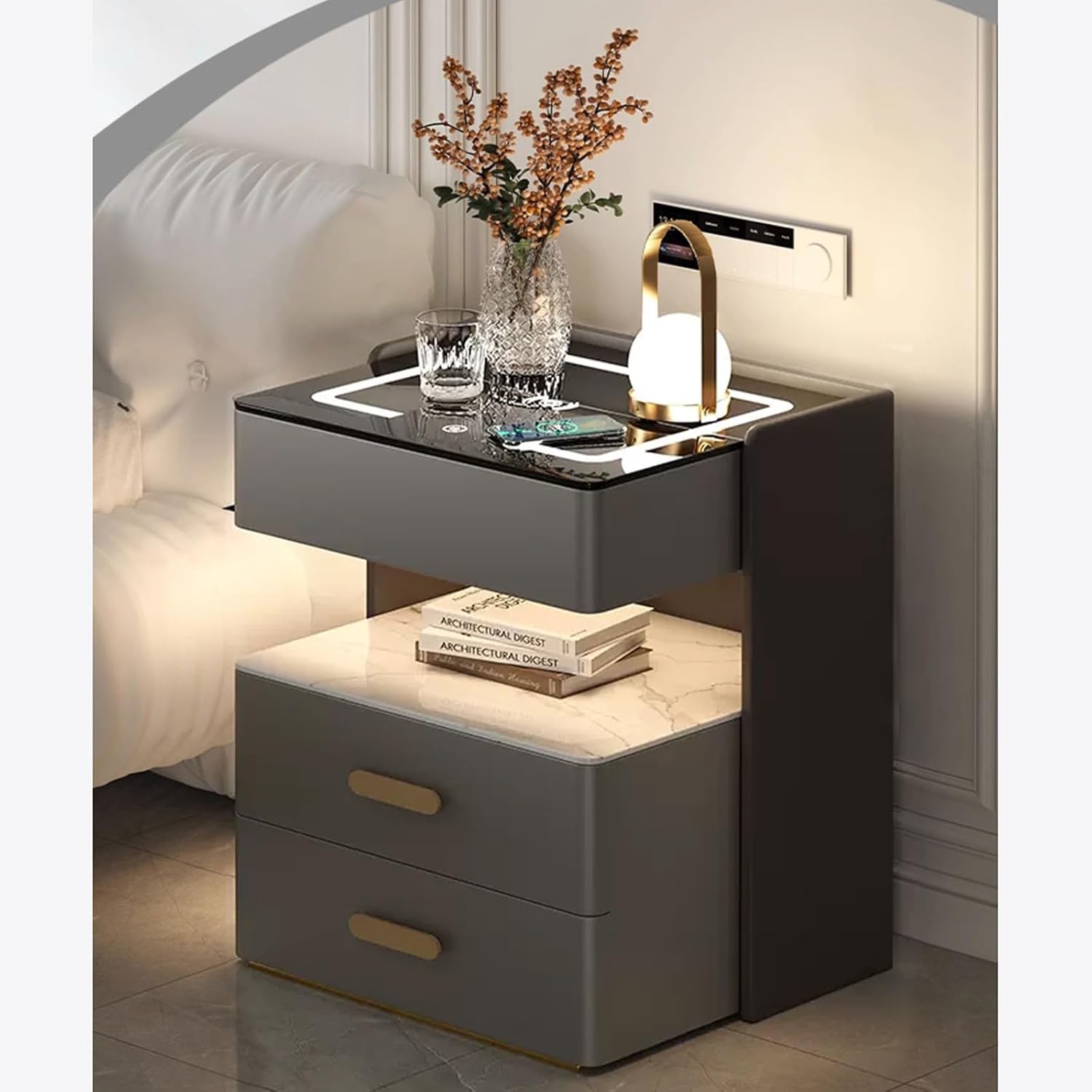 Noptiera inteligenta cu incarcare wireless, lumini LED reglabile, 3 sertare de depozitare, 50x40x56cm