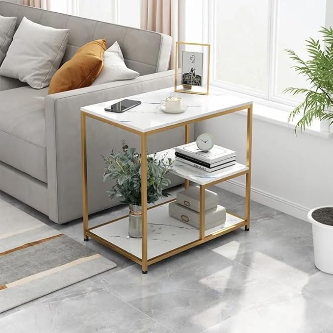 Masuta moderna cu blat tip marmura si cadru metalic  auriu – 3 nivele de depozitare 60 x 40 x 68 cm