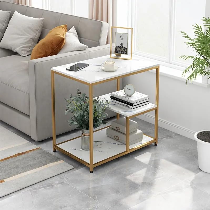 Masuta moderna cu blat tip marmura si cadru metalic  auriu – 3 nivele de depozitare 60 x 40 x 68 cm
