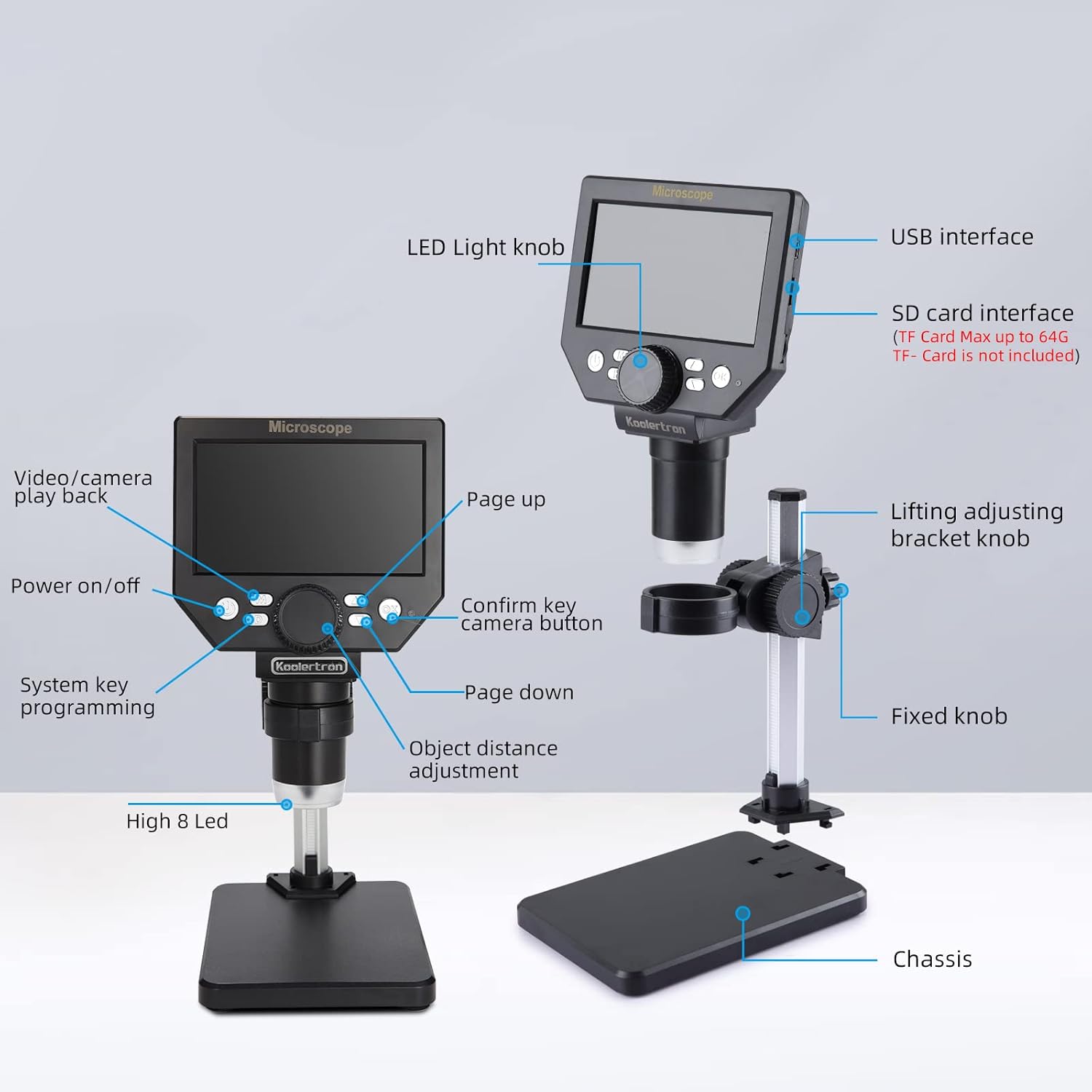 Microscop digital LCD 4.3” HD, 8MP, zoom 1-1000X, 8 LED-uri, baterie reincarcabila si suport PC