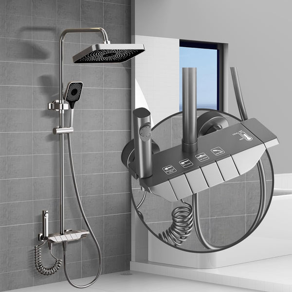 Set Coloana Dus Premium, Alama Cupru, 4 Functii, Butoane Piano, Gri Grafit, Tip Ploaie