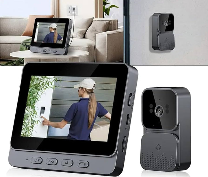 Sonerie video inteligenta Wireless, Ecran IPS 4.3 inch, Night Vision, Senzor IR, Interfon Video HD, 8MP, comunicare bidirectionala, unghi de vizualizare 170°, baterii incorporate, Negru