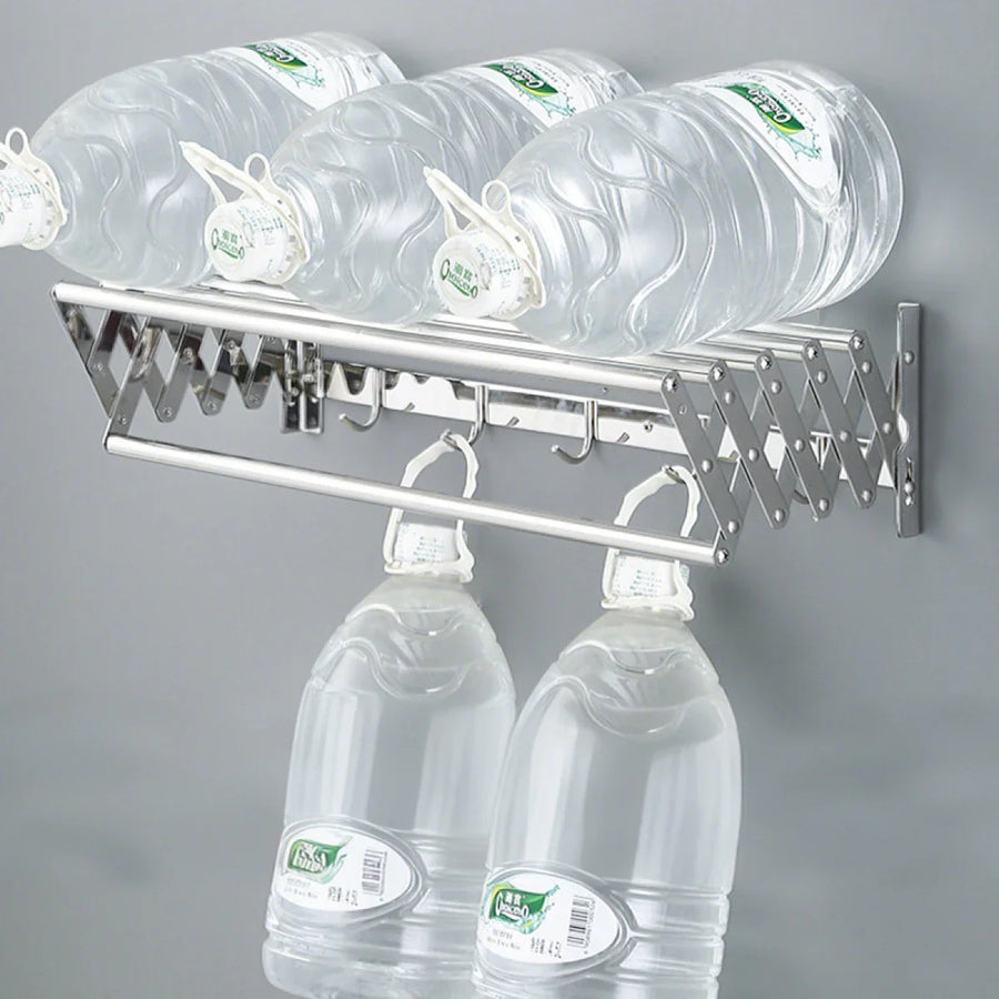 Suport pliabil pentru prosoape, inox, 7 bare, 5 carlige, 12-35.5 cm x 58 cm x 14.5 cm, argintiu