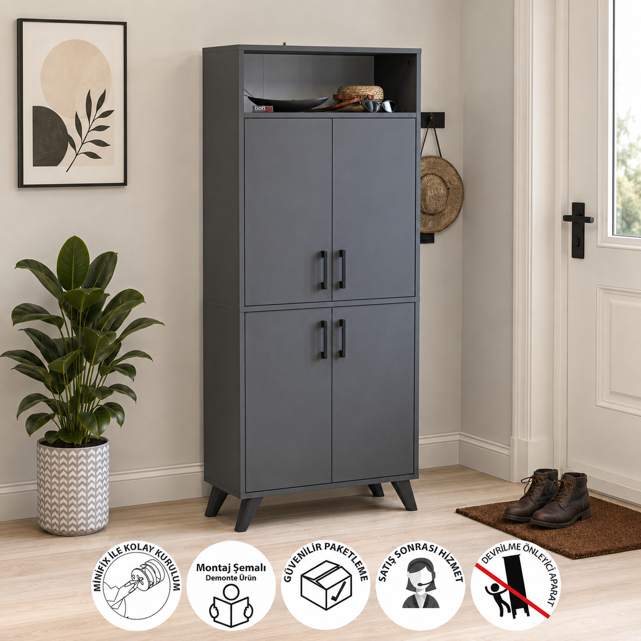 RESIGILAT - Pantofar modern 72x32x170 cm, cu 4 usi si 9 rafturi, pentru hol, intrare sau depozitare incaltaminte