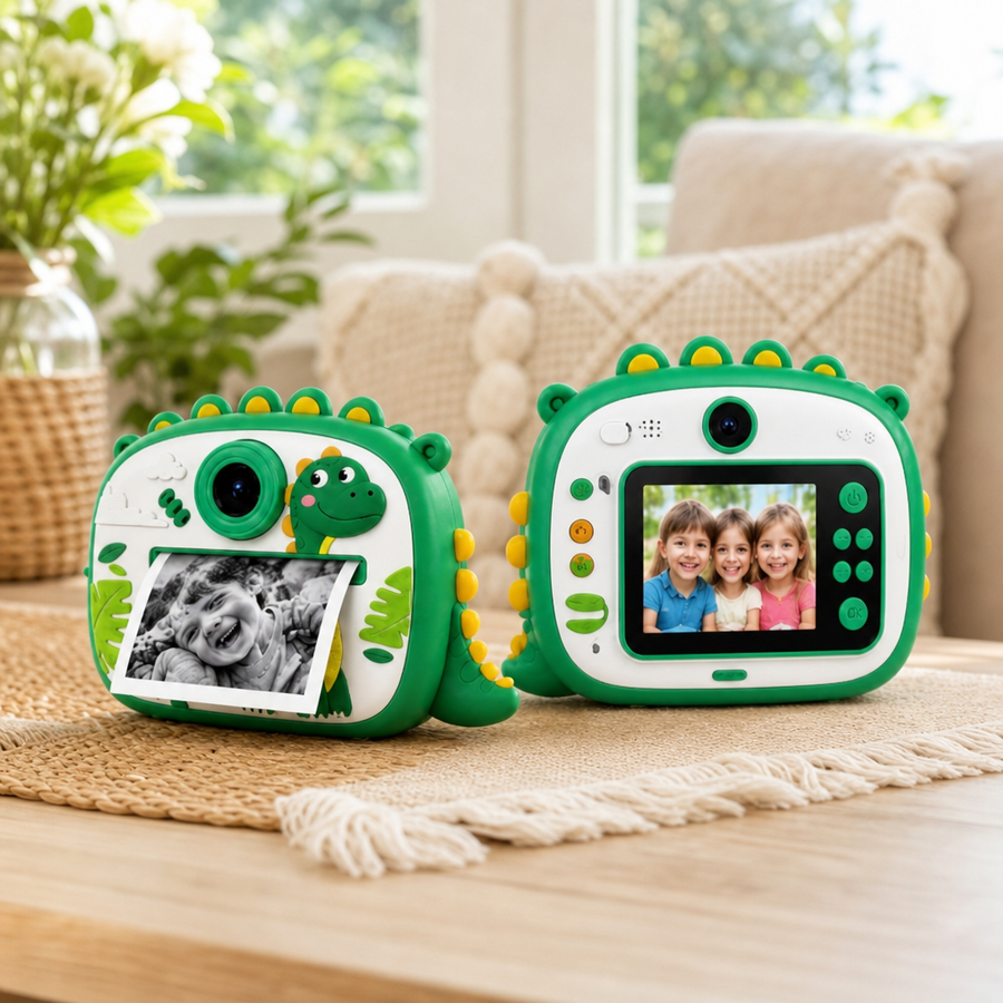 Aparat Foto Instant pentru Copii Model Dinozaur Roz cu Imprimare Foto - detaliu produs