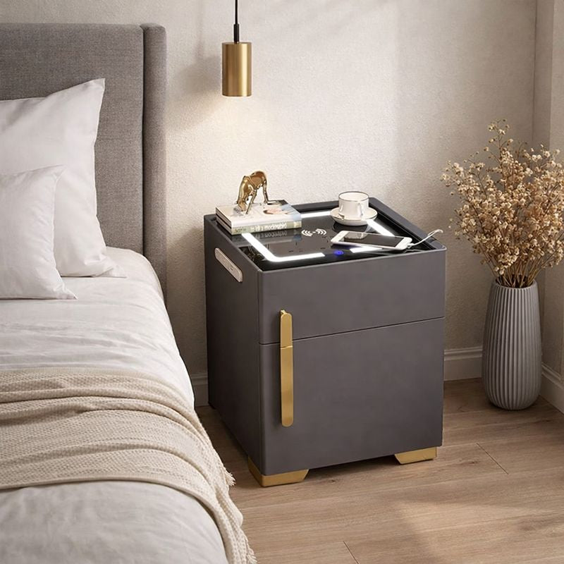 Noptiera cu statie de incarcare, seif ascuns si iluminare LED reglabila 3 culori pentru dormitor si living