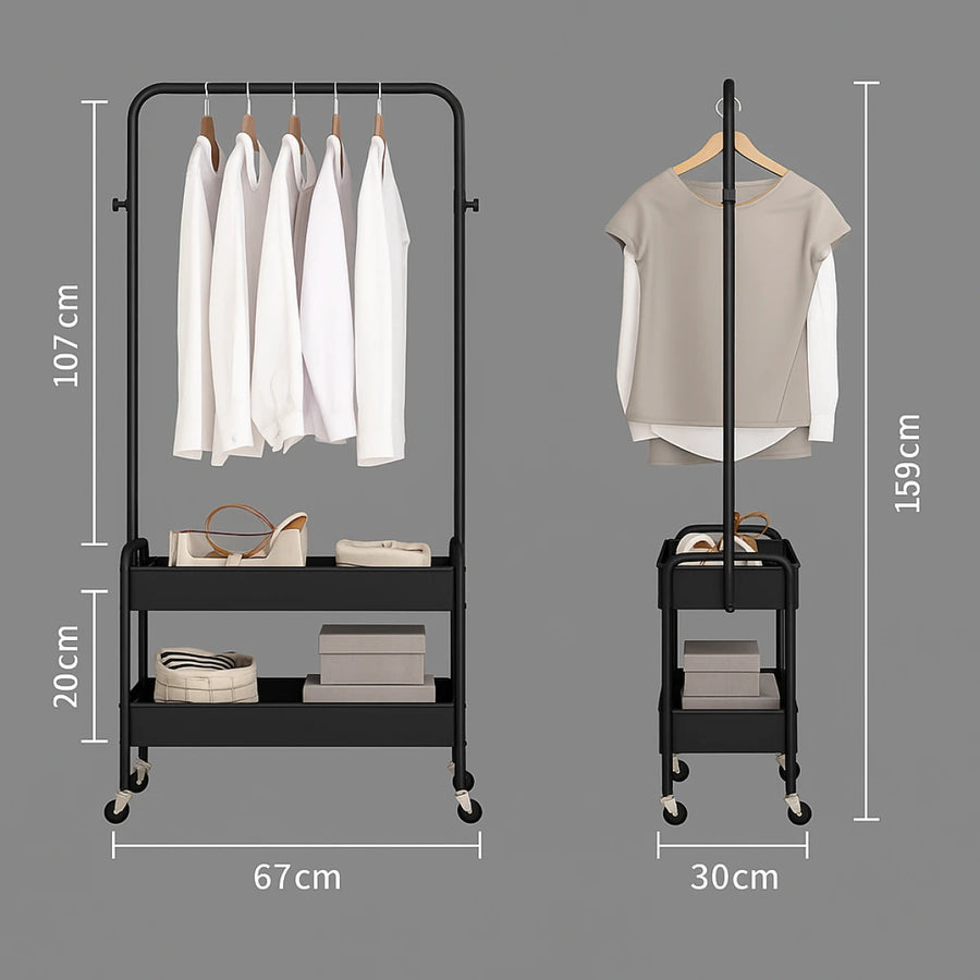 Suport pentru Haine cu Roti si Cosuri Metalice 2 Etaje 160x68x30cm Alb - detaliu produs