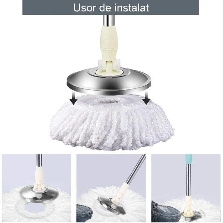 Set Mop Rotativ 8 litri, Cuva din Inox, 4 Rezerve Diferite + Perie Rosturi