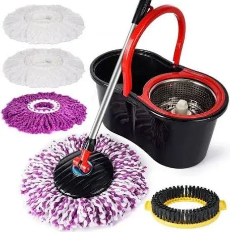 Set Mop Rotativ 8 litri, Cuva din Inox, 4 Rezerve Diferite + Perie Rosturi