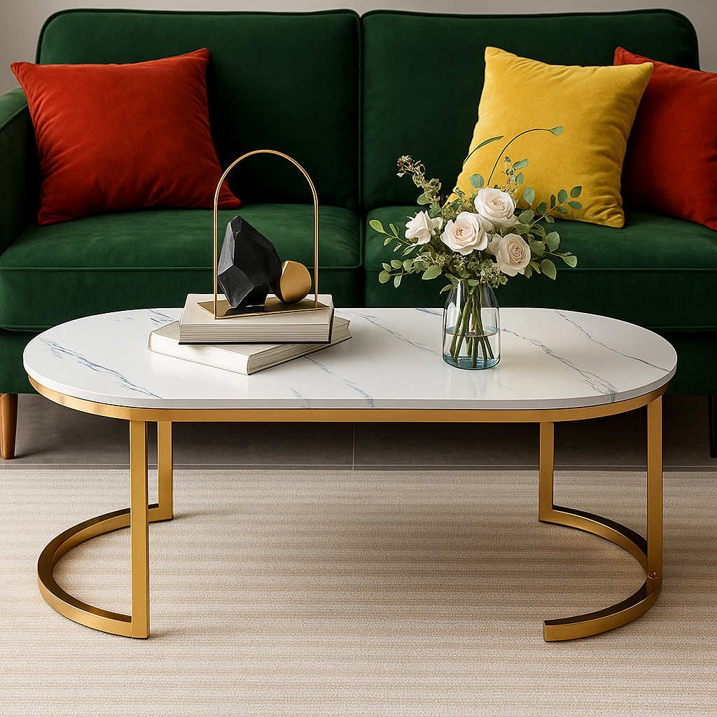 RESIGILAT - Masuta de cafea ovala, minimalista, design nordic, aspect marmura alba, 120 x 60 x 45 cm