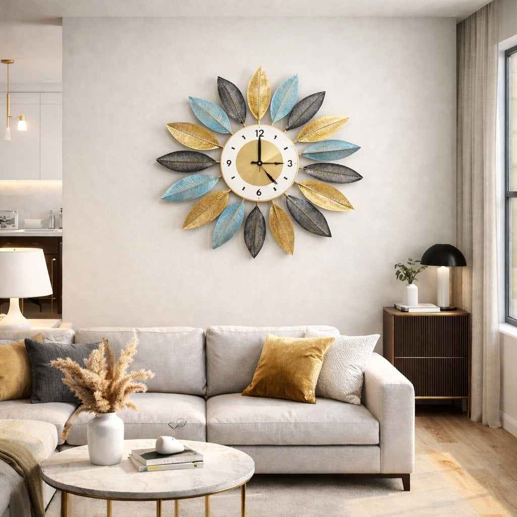 Ceas decorativ de perete cu frunze metalice 60 cm, Mecanism Silentios, Multicolor