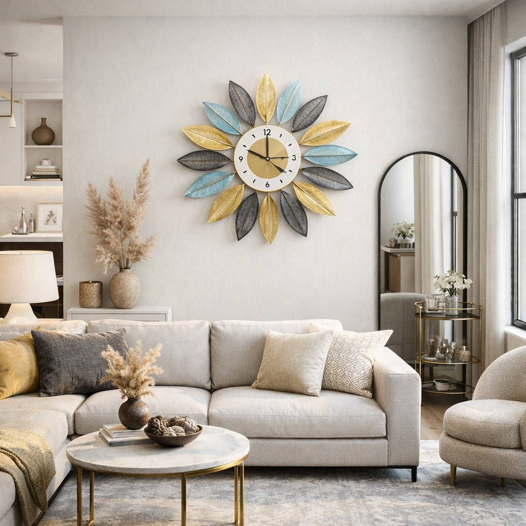 Ceas decorativ de perete cu frunze metalice 60 cm, Mecanism Silentios, Multicolor