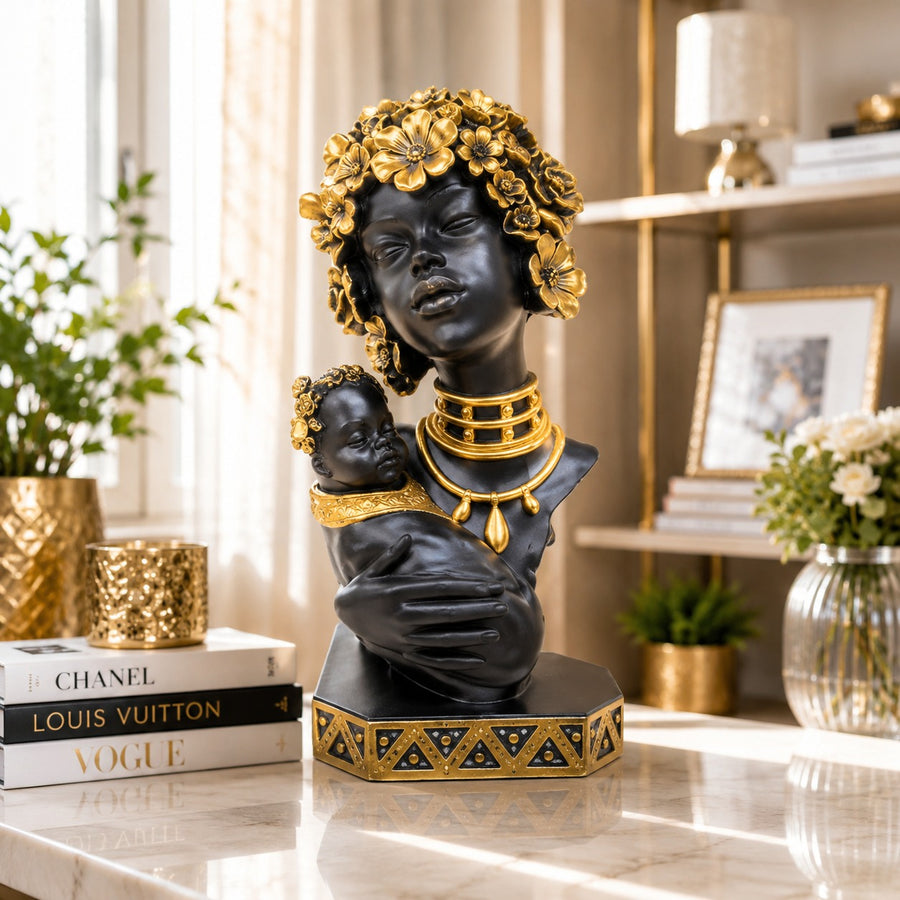 Statuetă Decorativă Premium în Stil African – 3 Variante, Design Negru-Auriu cu Detalii Florale 35cm - detaliu produs
