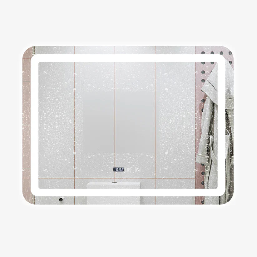 Oglinda LED pentru baie 60x80 cm, sistem Dezaburire, Senzor Touch, Ceas, Trei Tipuri de Lumina
