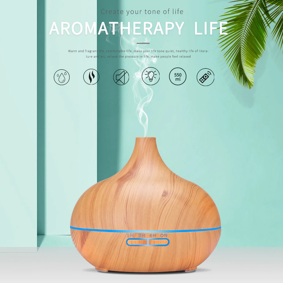 RESIGILAT - Umidificator/Difuzor aromatizator ultrasunete Fresh Air, lemn natur, 7 culori programabil, oprire automata