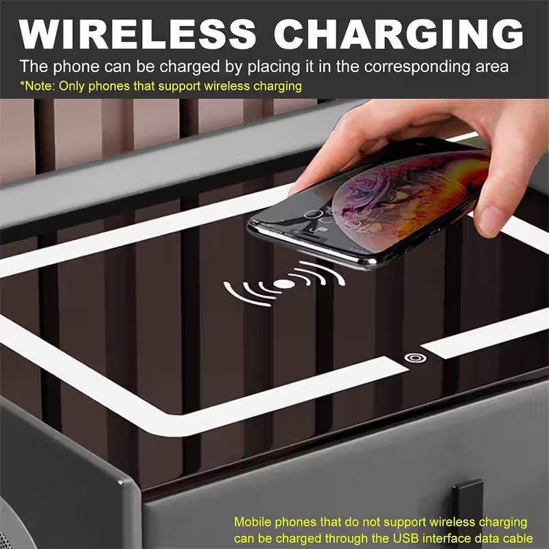 RESIGILAT - Noptiera Smart Multifunctionala, iluminare LED tactil cu 3 culori, incarcare wireless si USB, difuzor Bluetooth, 2 sertare