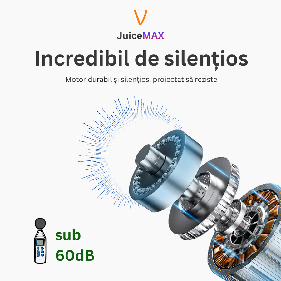Storcator Multifunctional JuiceMAX cu Presare la Rece – Motor DC 150W, 110 RPM, Corp Inox, Functie Reverse, pentru Fructe, Legume si Frunze Verzi