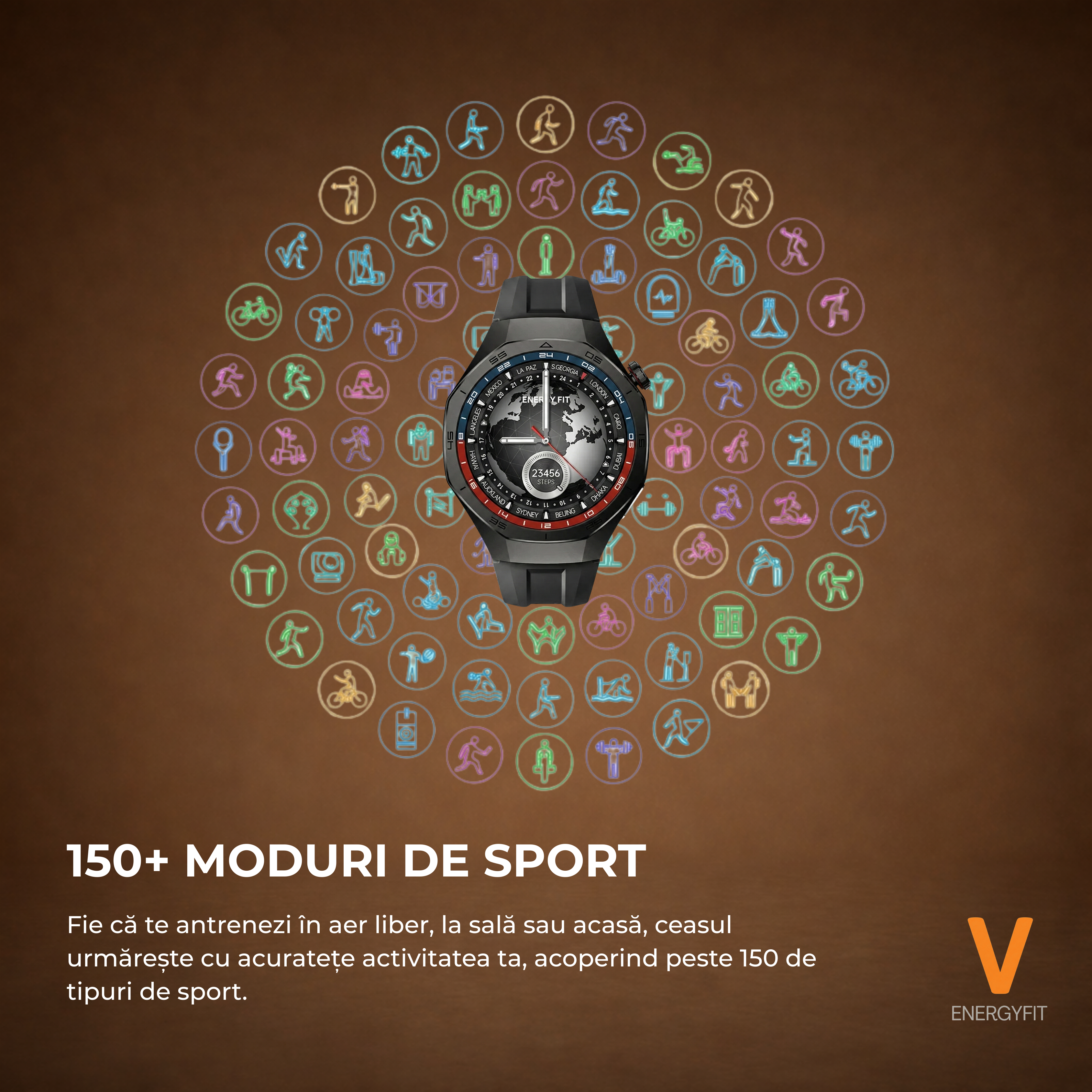 Ceas Smartwatch ENERGYFIT, Ecran AMOLED 1.43", Apel Bluetooth, ChatGPT AI, Notificari Romana, Fitness, Sport, Rezistent Apa 5ATM, Incarcare Wireless, 2 Curele, Negru