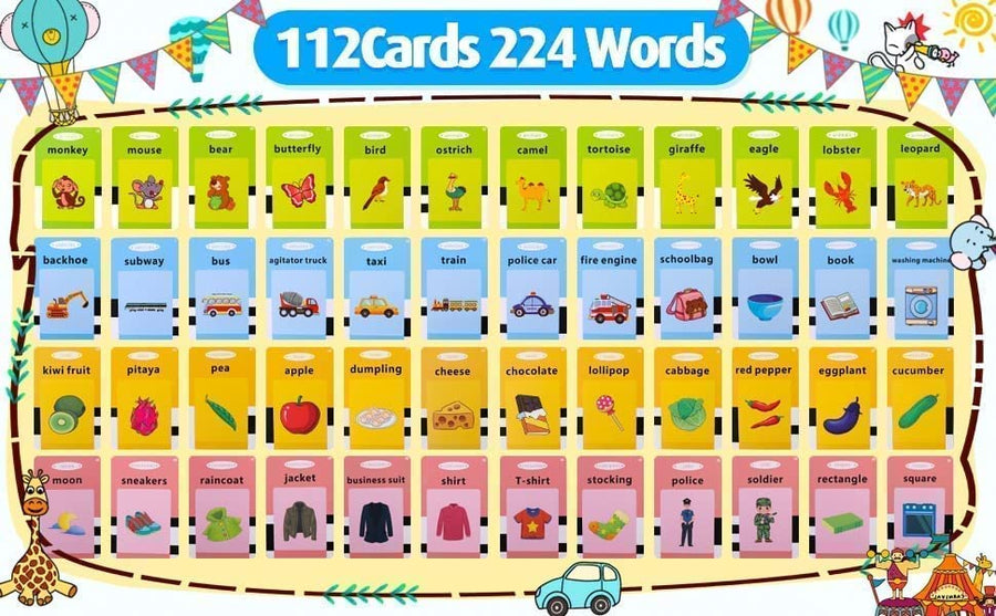 Jucarie educativa Montessori, Set masina de invatare limba engleza cu cititor de carduri, 112 bucati carduri flash 224 de cuvinte, 2 ani+
