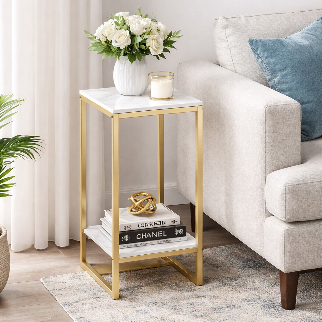 Masuta laterala moderna cu blat aspect marmura 75x30 cm cadru metalic auriu