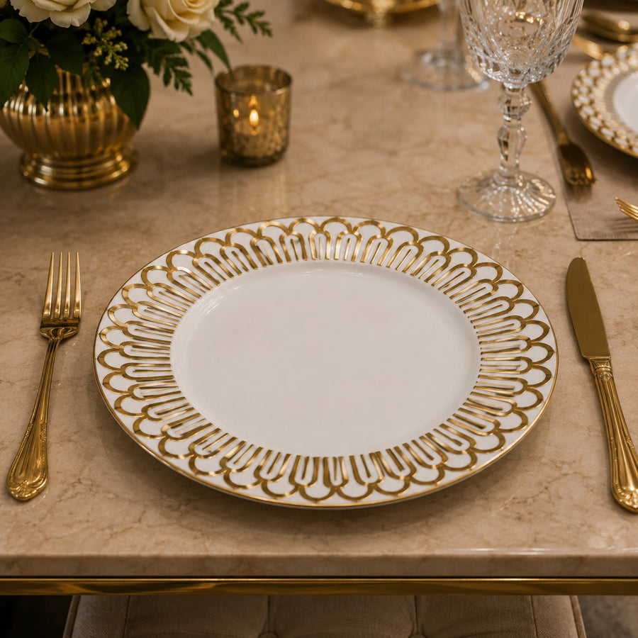 Set 6 Farfurii Ceramica Alba 27cm Diametru Decor Auriu Serviciu Masa Eleganta - detaliu produs