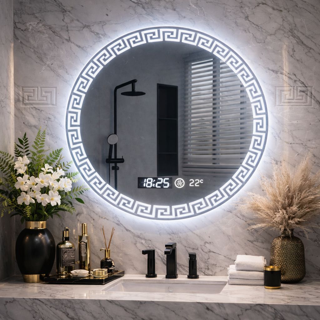 Oglinda LED baie cu iluminare ambientala, functie anti-aburire, ceas si temperatura, 60 cm