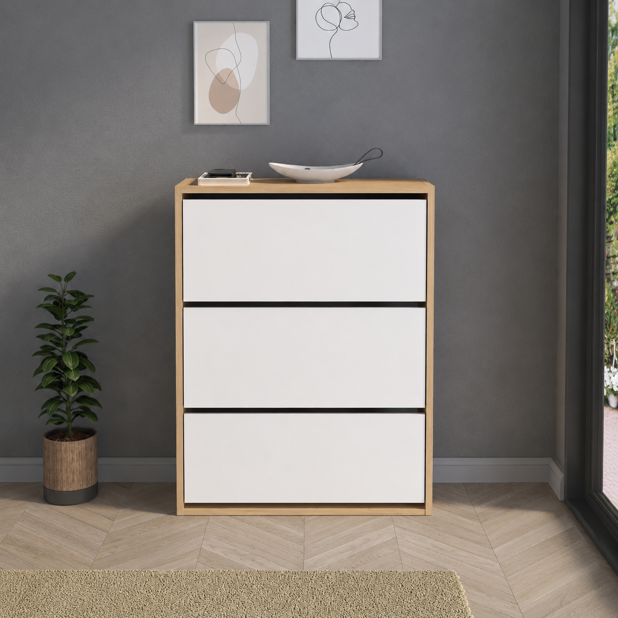 Pantofar cu usa rabatabila si rafturi glisante, 3 compartimente, PAL melaminat de 18 mm, 110  x 73,5  x 22 cm