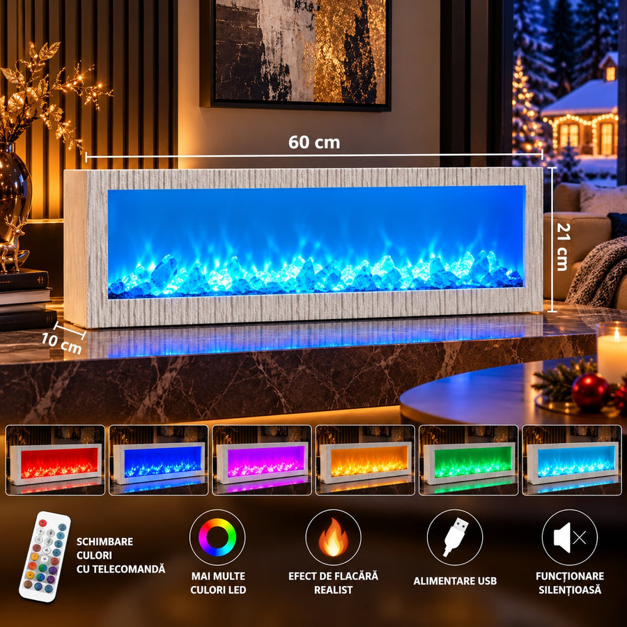 Șemineu Electric Decorativ LED cu Telecomandă, Multicolor – 60 × 21 × 10 cm - detaliu produs