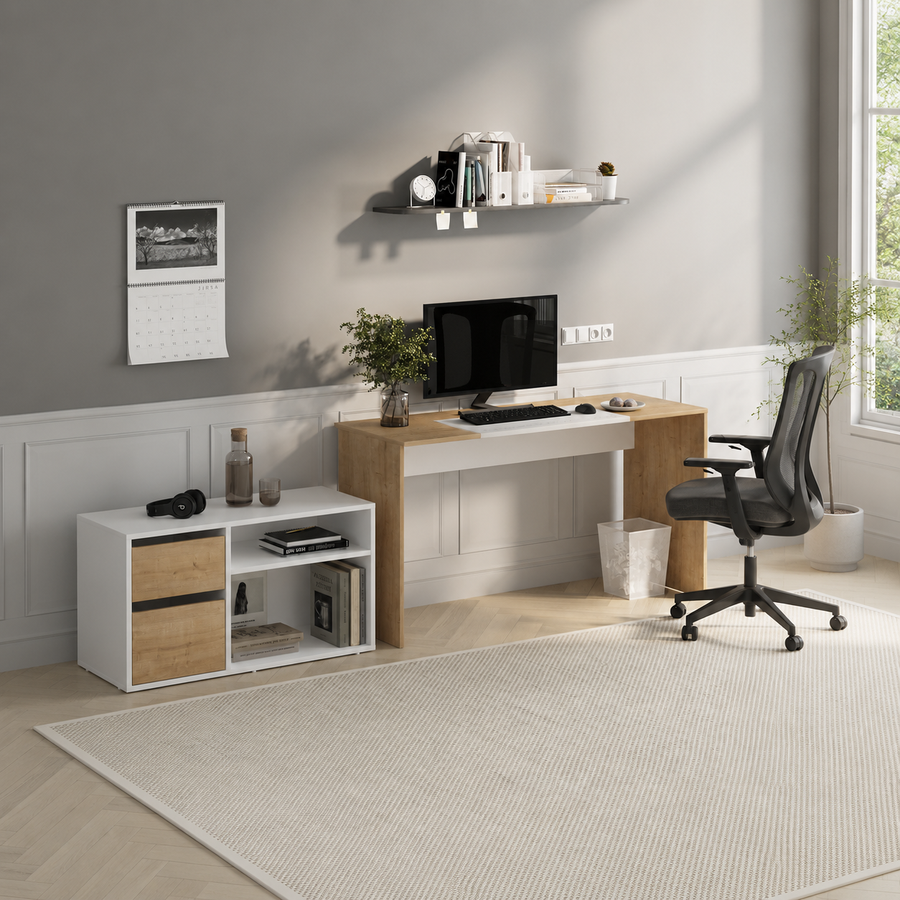 RESIGILAT - Birou modern 139x51x75 cm, cu corp de depozitare 92x40x53 cm, pentru birou, office sau home office