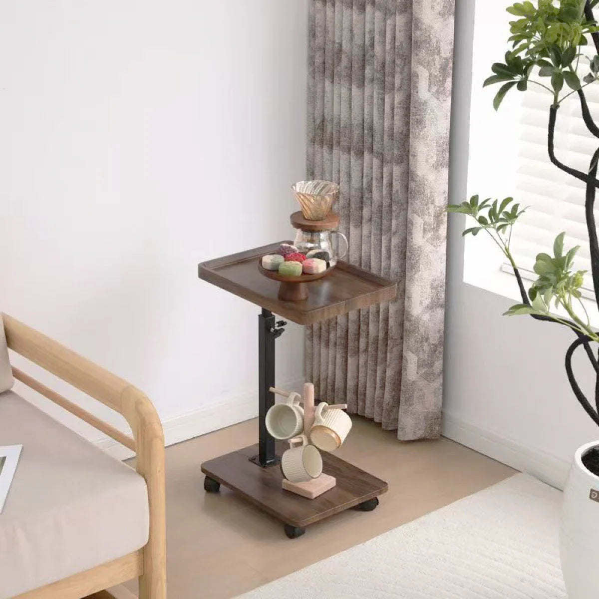 RESIGILAT - Masuta portabila pentru cafea, 2 blaturi MDF, inaltime ajustabila 45-80 cm, blat superior 40 x 30 cm, maro