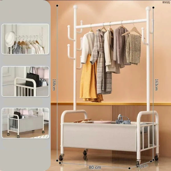 RESIGILAT - Suport portabil pentru umerase si haine, din otel carbon 7 carlige, 4 roti, si cos de depozitare, 168 x 80 x 37 cm