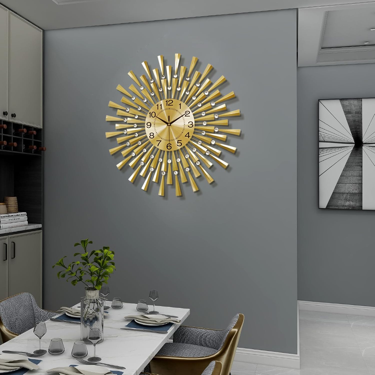 RESIGILAT - Ceas de perete modern, mare, pentru living, 60 cm, silentios, metalic, negru, cu mecanism quartz